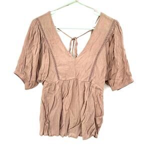 All in‎ Favor Size Small Brown Short Sleeve Blouse V Neck and Back Gauze-y Shirt